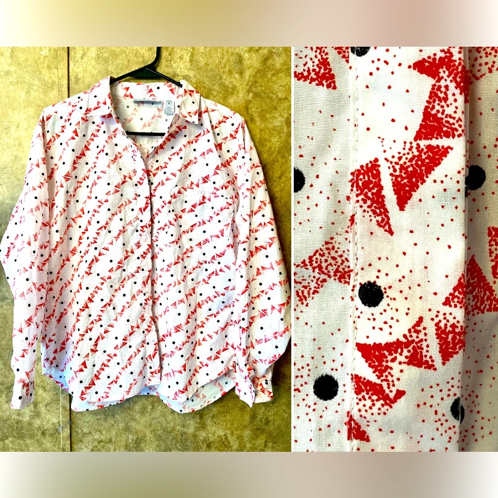 Vintage Gitano 80’s Button up Loose FitTop Geometric Red Black Polka dots Medium